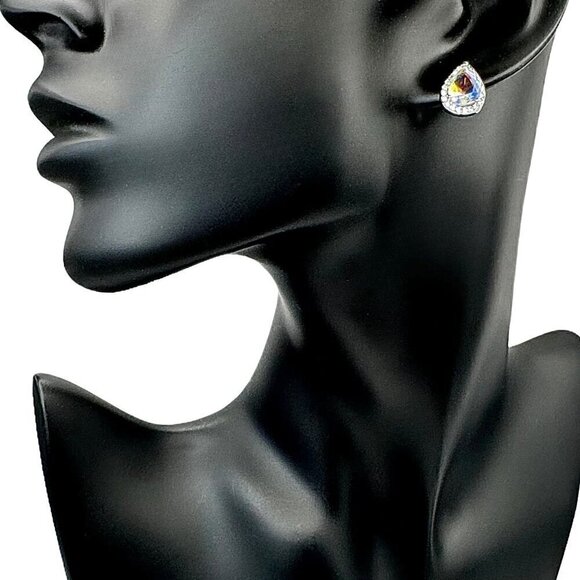 NWT Teardrop Stud Earrings Iridescent Crystal Halo Setting 14K Gold Plated - Picture 3 of 10